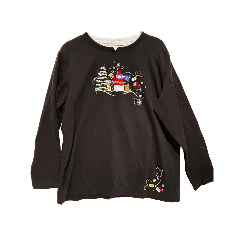 Woman's‎ Holiday Christmas Festive Embroidered top Sz XL Henley Knit Collared
